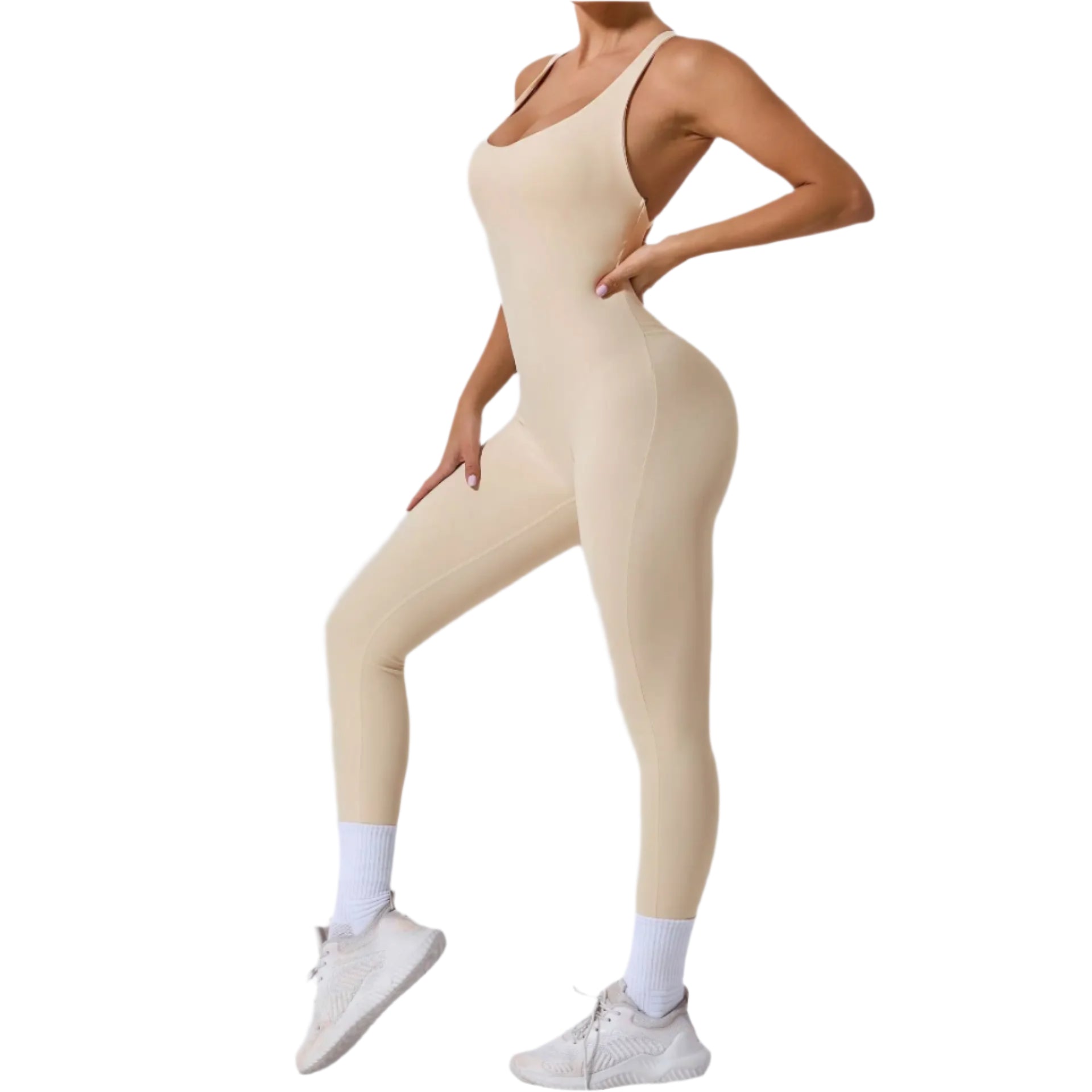 Beige yoga jumpsuit with back straps designed for comfort and flexibility during workouts