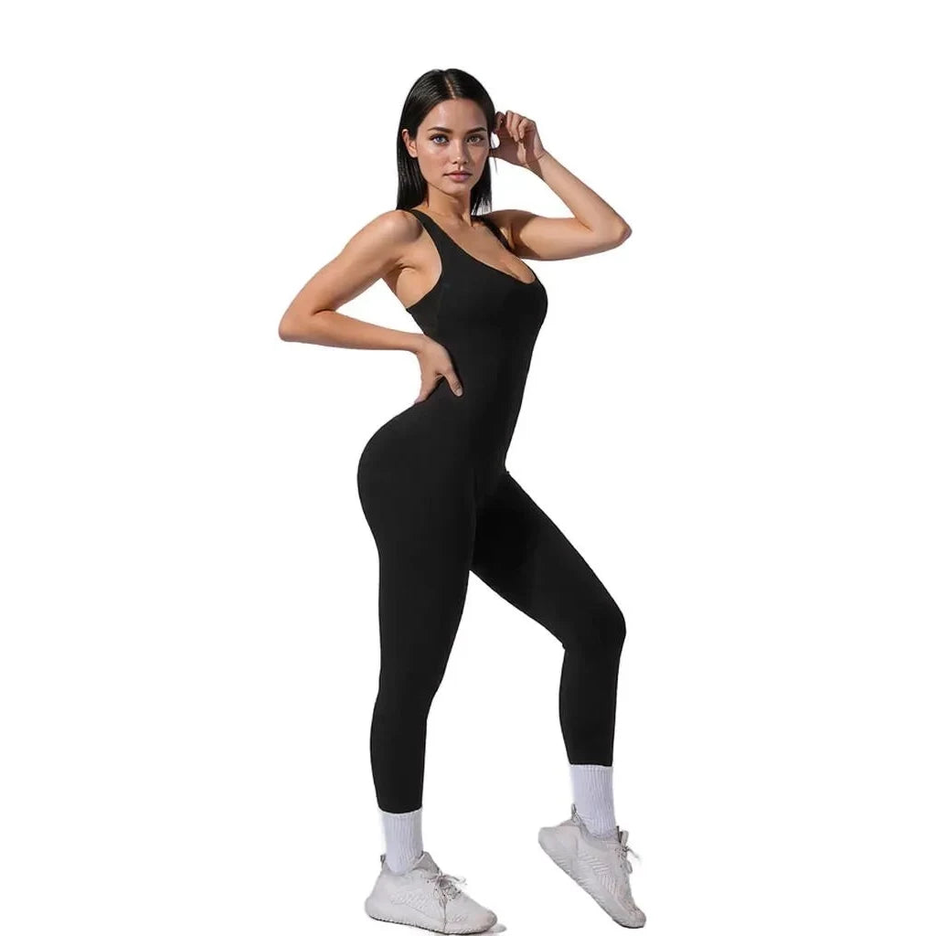 Xooie Fit yoga jumpsuit with back straps in black, perfect for activewear and workouts