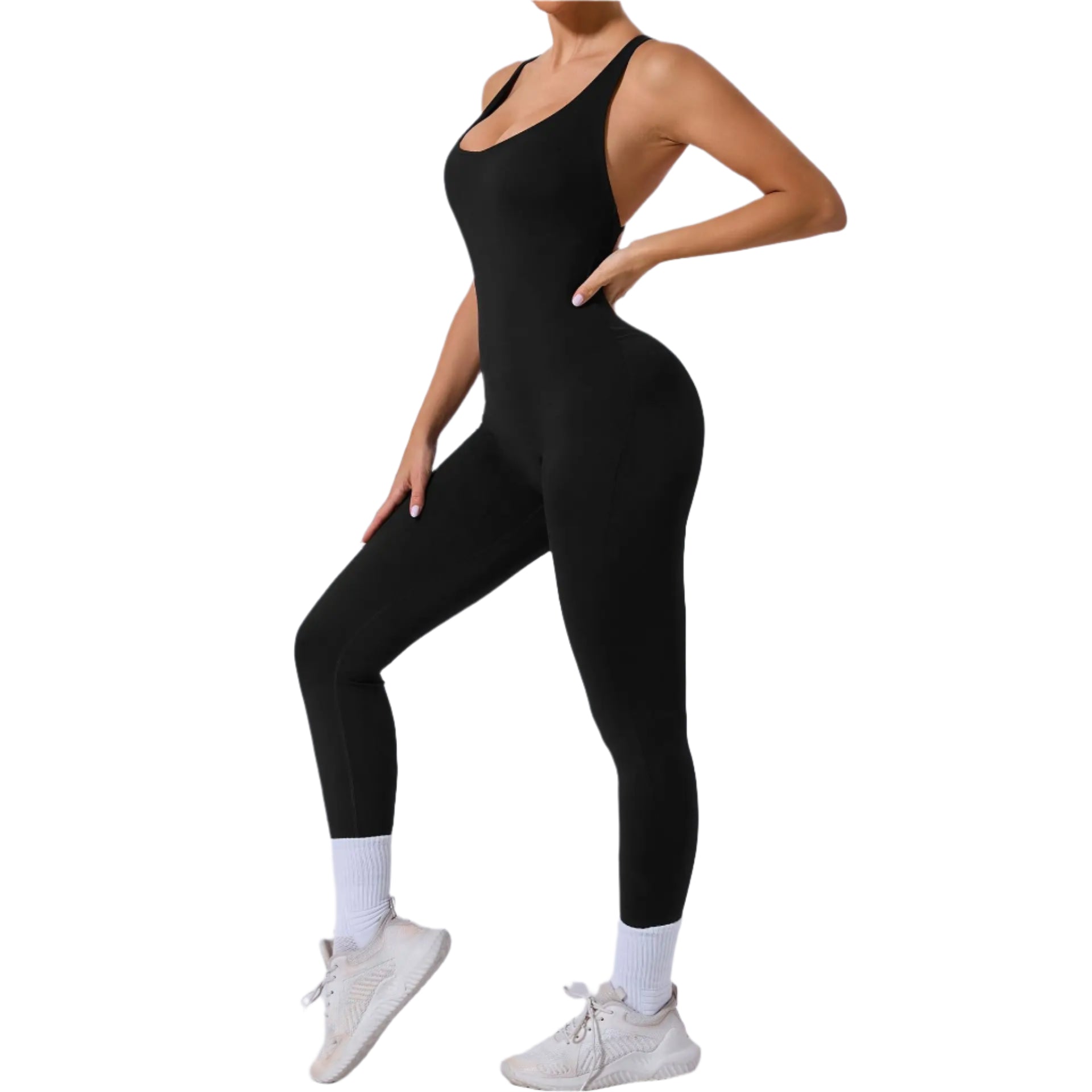 Black Xooie Fit yoga jumpsuit with back straps designed for comfort and style during workouts