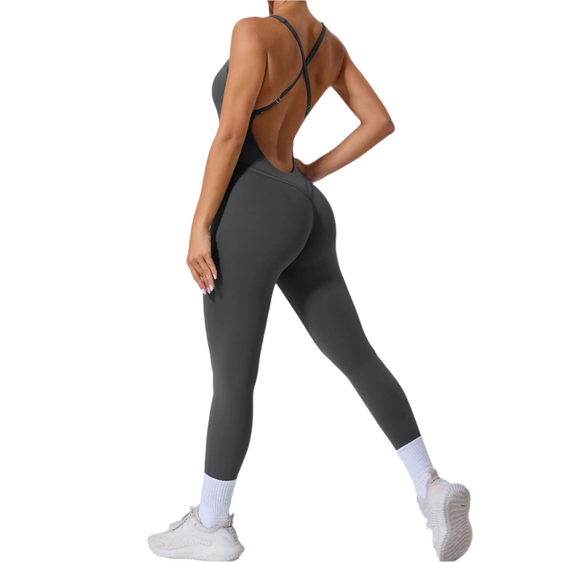 Xooie Fit yoga jumpsuit with back straps in gray, ideal for workouts and yoga sessions