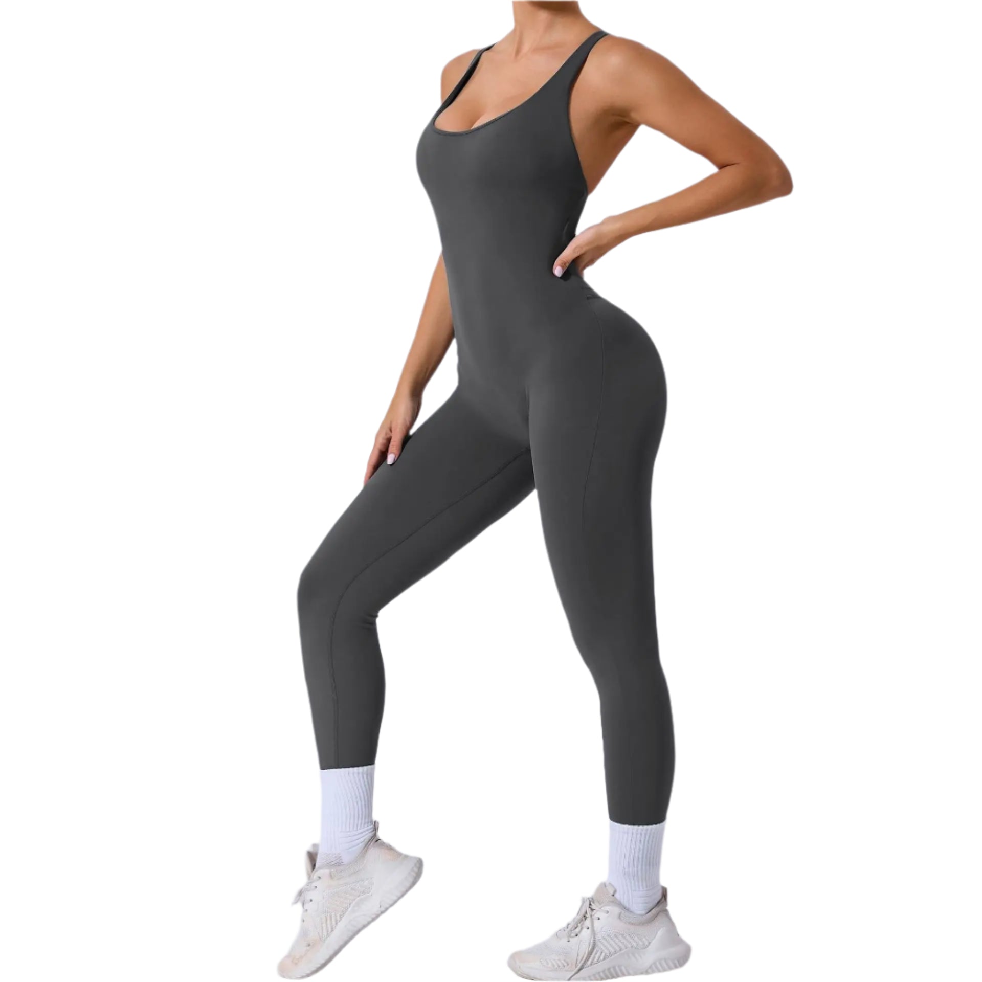 Xooie Fit yoga jumpsuit with back straps in dark gray, designed for comfort and flexibility during workouts