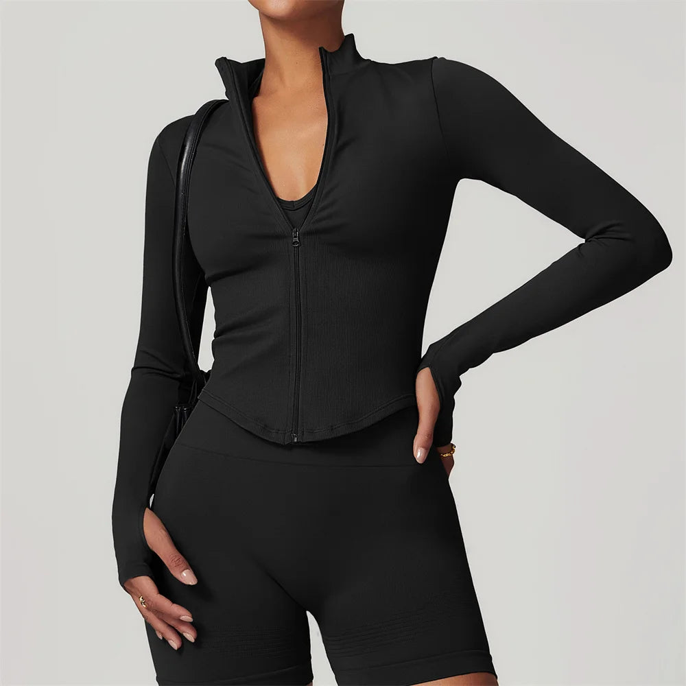 Xooie Fit women's zipper workout set in black with fitted long sleeve zip jacket with thumb holes and high waist biker shorts