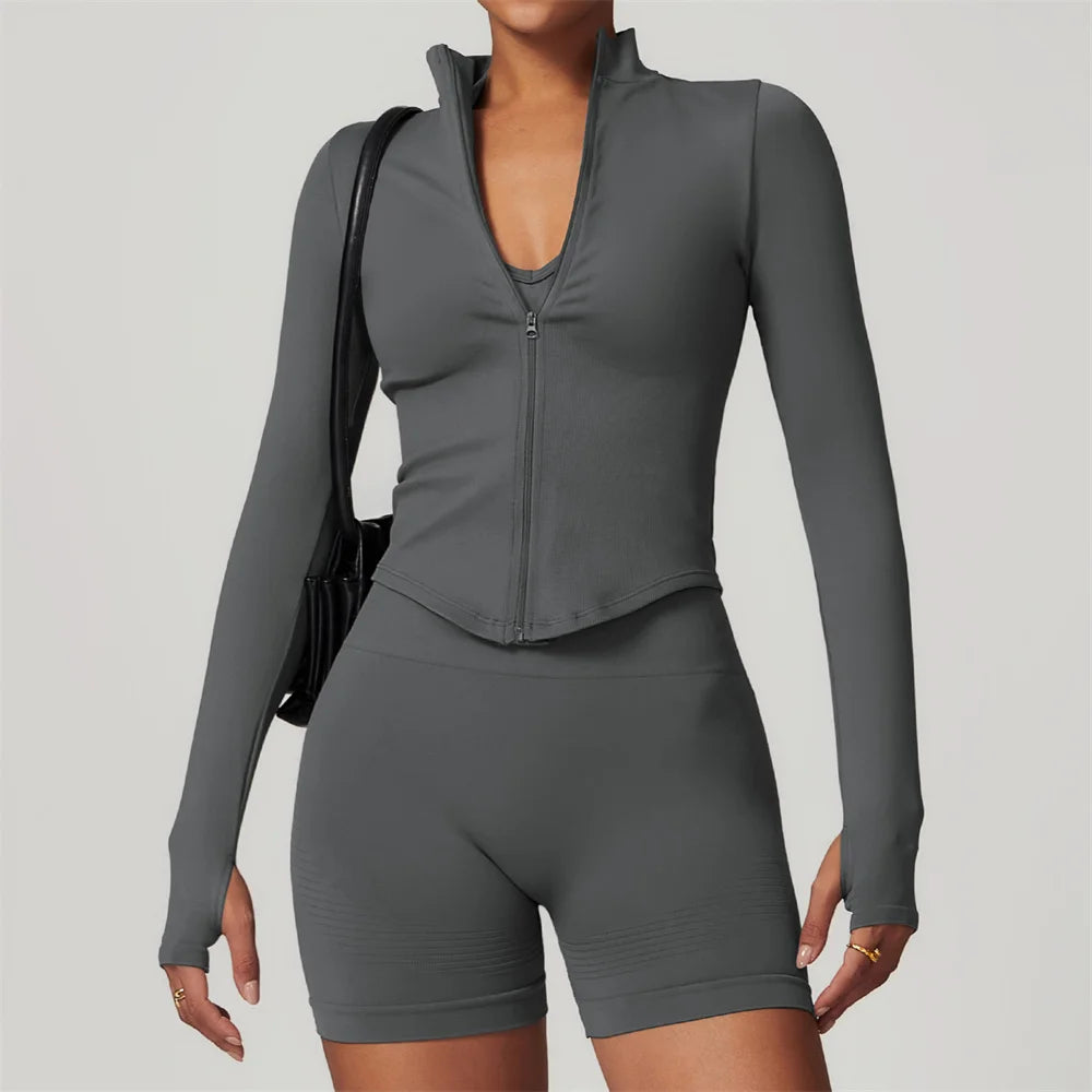 Xooie Fit women's zipper workout set charcoal gray fitted long sleeve zip crop jacket with thumbholes and high waist biker shorts