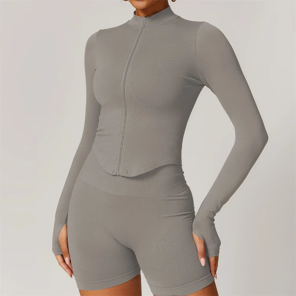 Xooie Fit women's zipper workout set gray seamless long sleeve zip crop top with thumbholes and high waist shorts