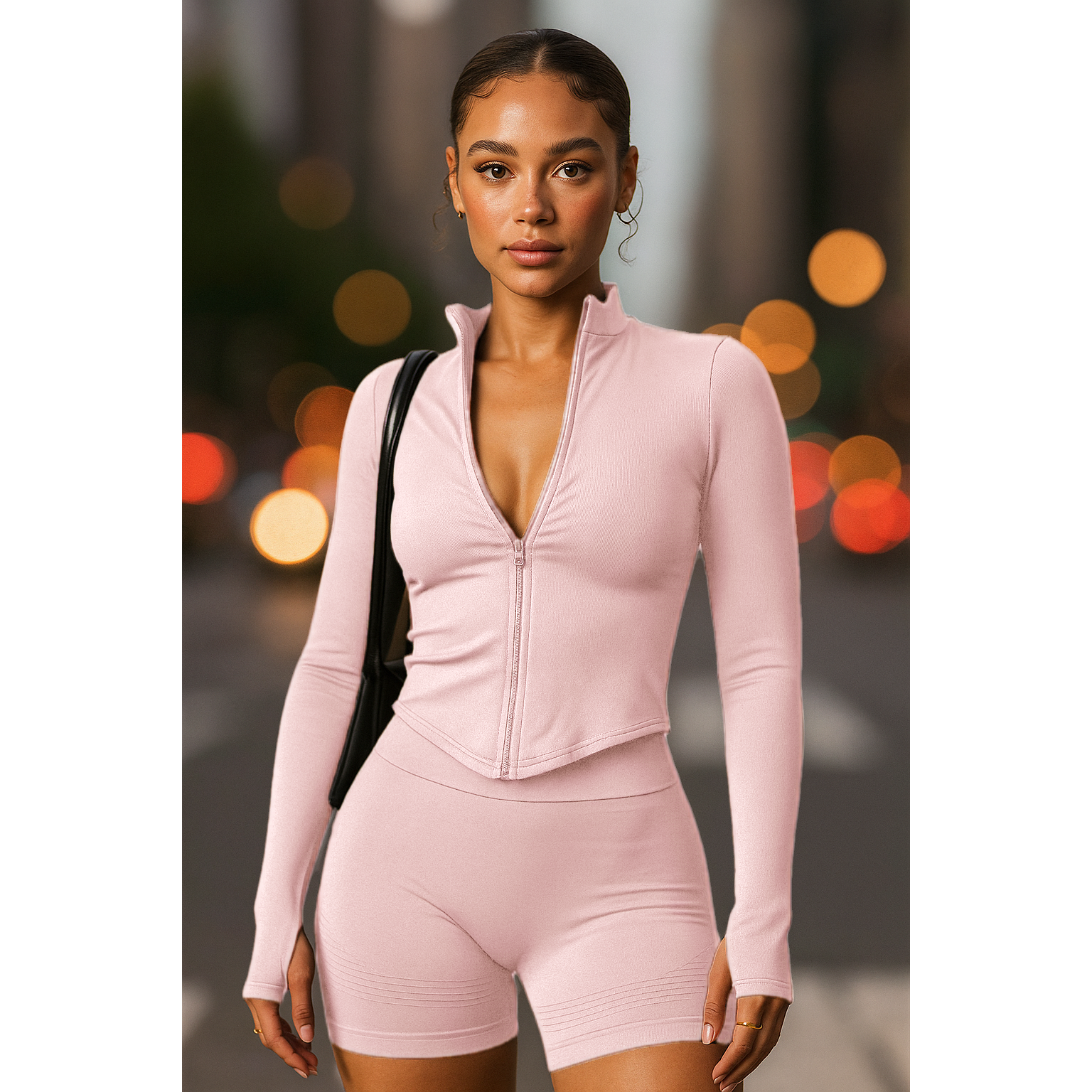 Xooie Fit women's zipper workout set pink two piece with long sleeve zip jacket and high waist shorts on model