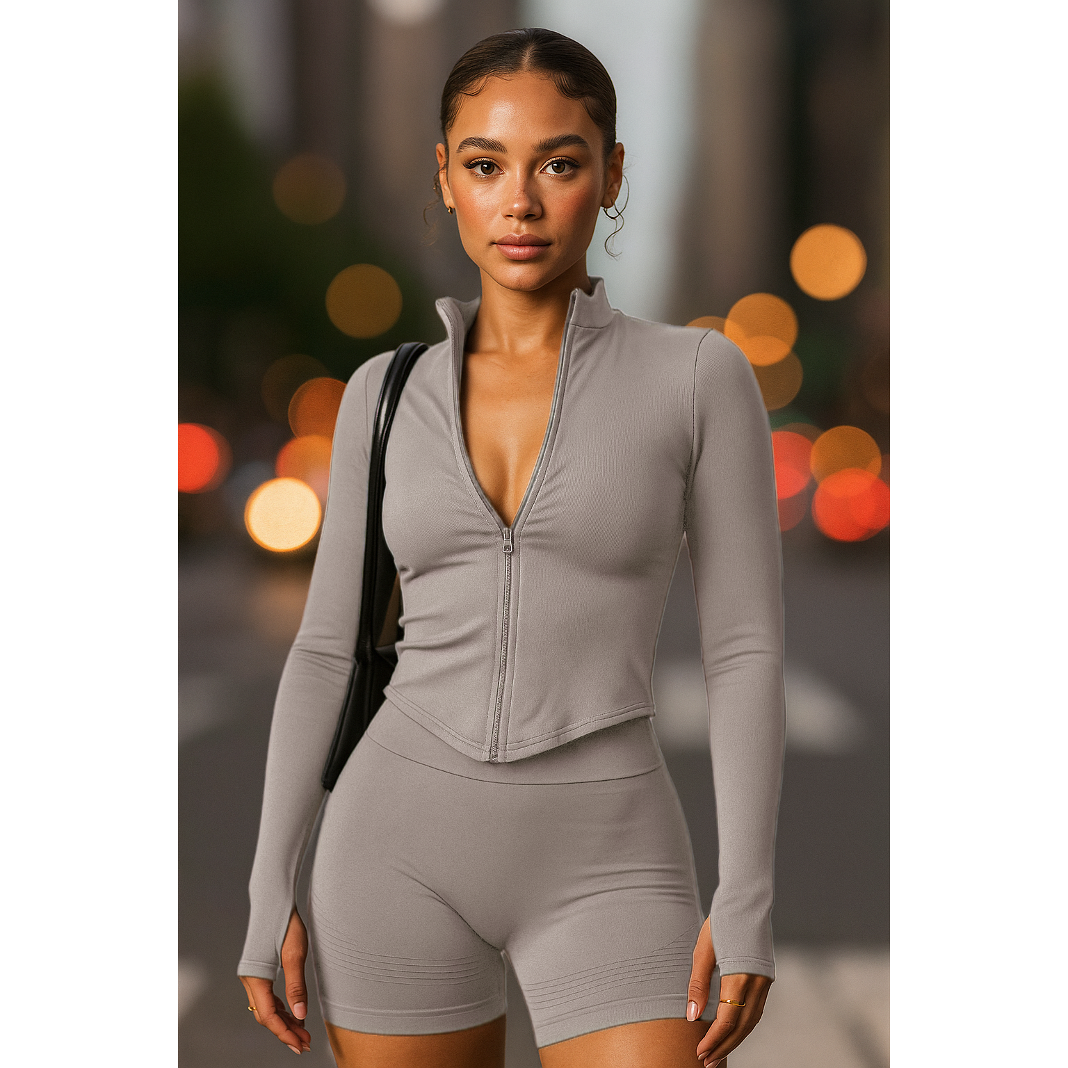 Xooie Fit women's zipper workout set taupe cropped zip jacket and high waisted biker shorts for gym and running