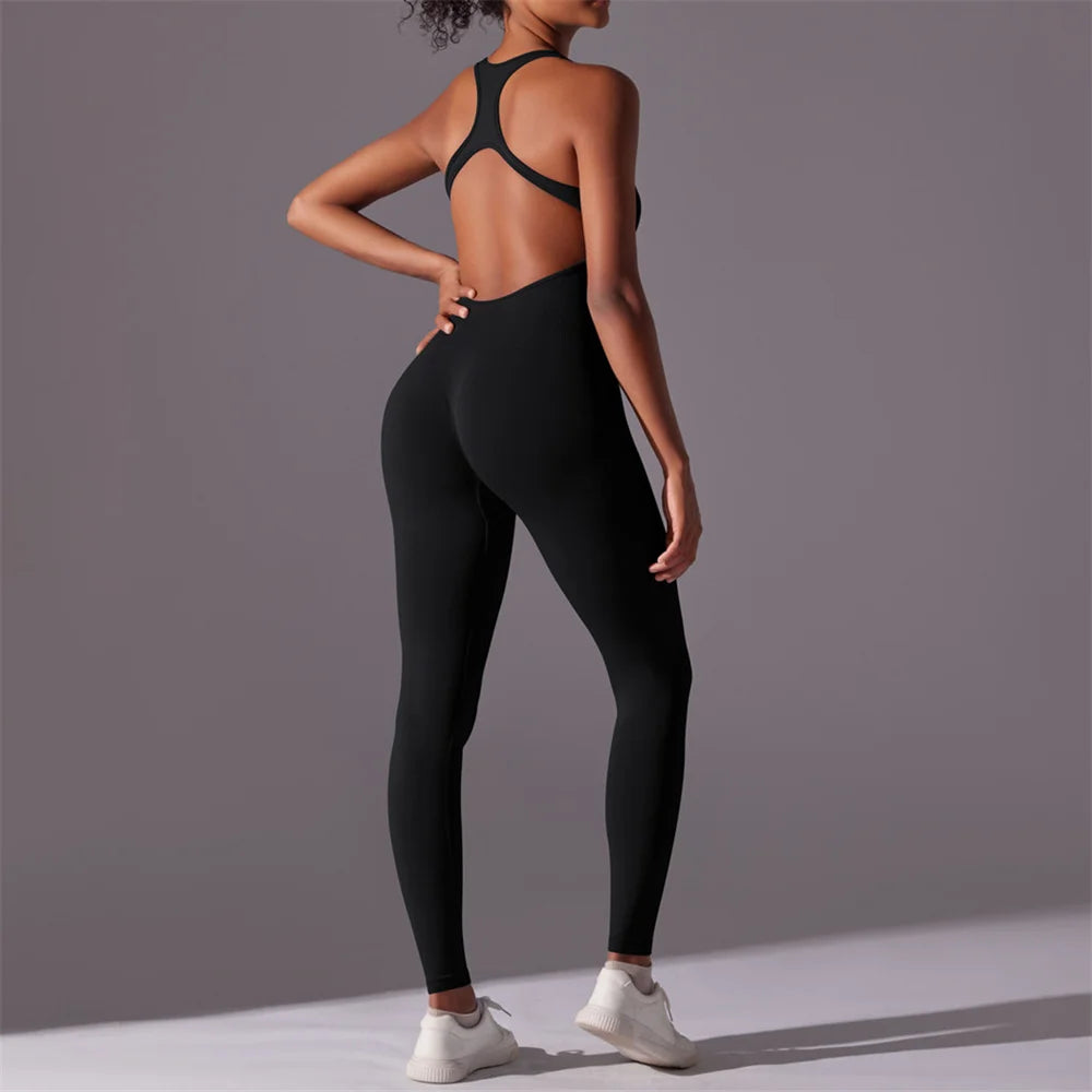 Xooie Fit black backless workout jumpsuit with racerback open back and full length leggings