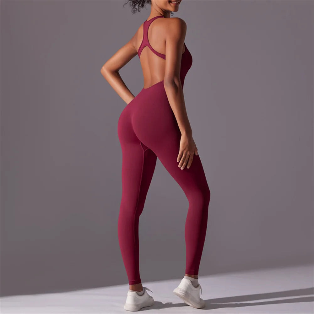 Xooie Fit backless workout jumpsuit in burgundy racerback full length fitted activewear