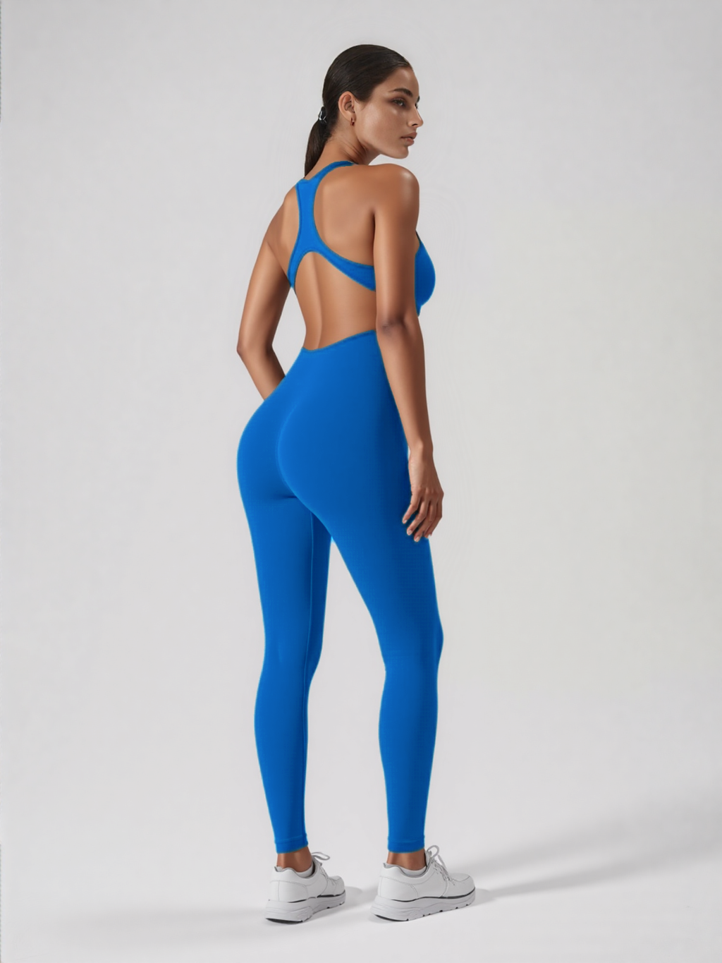 Xooie Fit blue backless workout jumpsuit with racerback cutout full length leggings and supportive fit