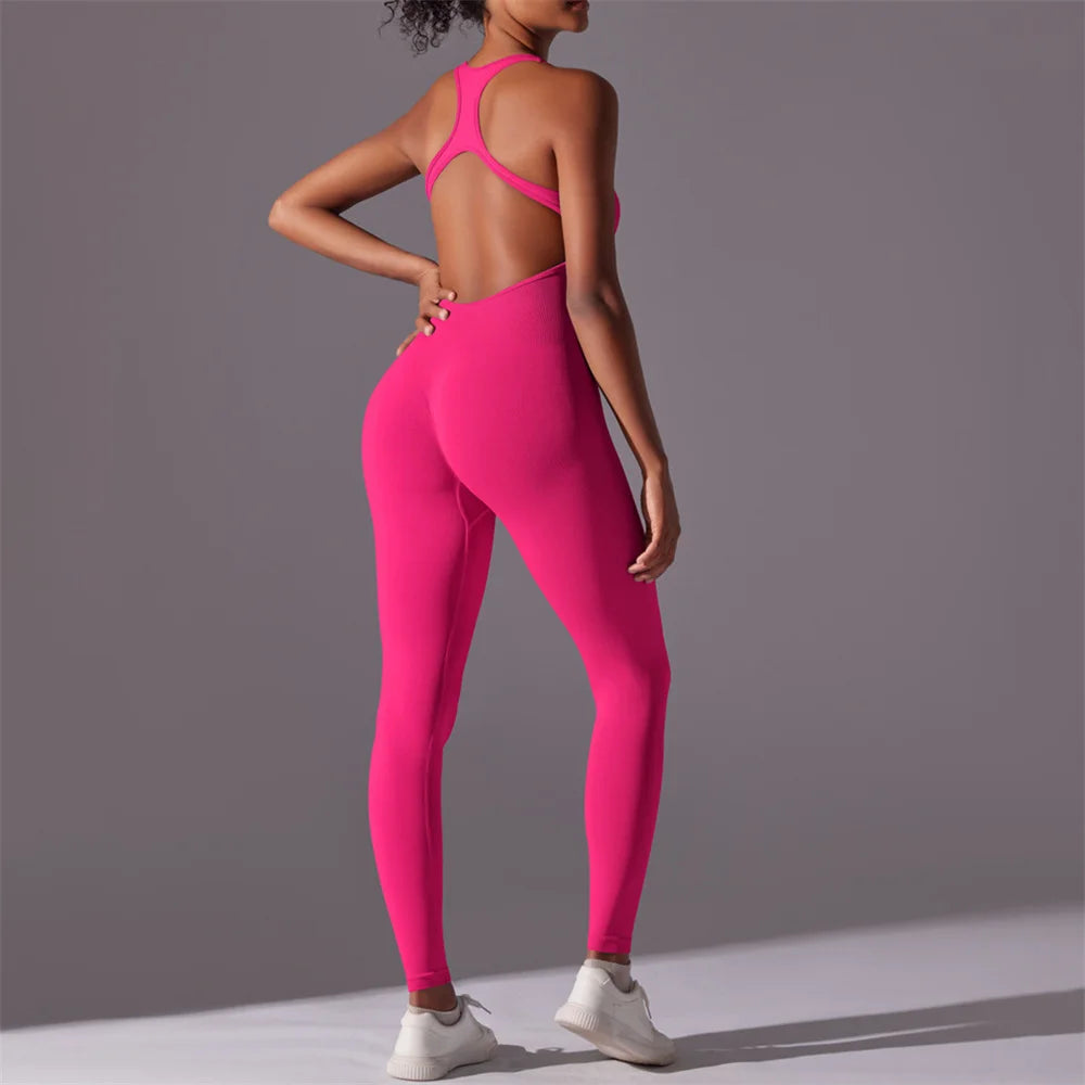 Xooie Fit hot pink backless workout jumpsuit with racerback open back and full length legs