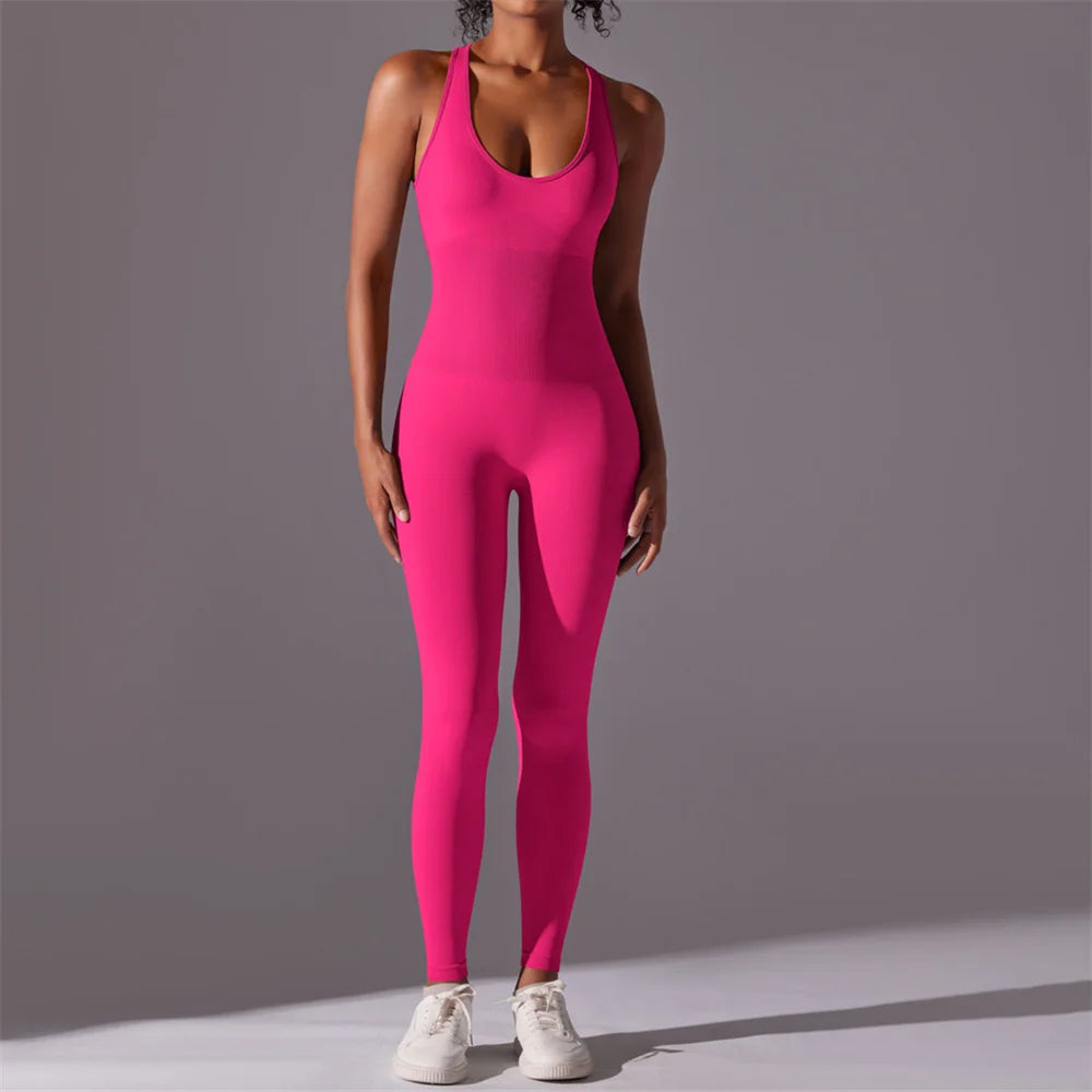 Xooie Fit bright pink fitted scoop neck backless workout jumpsuit full length for gym