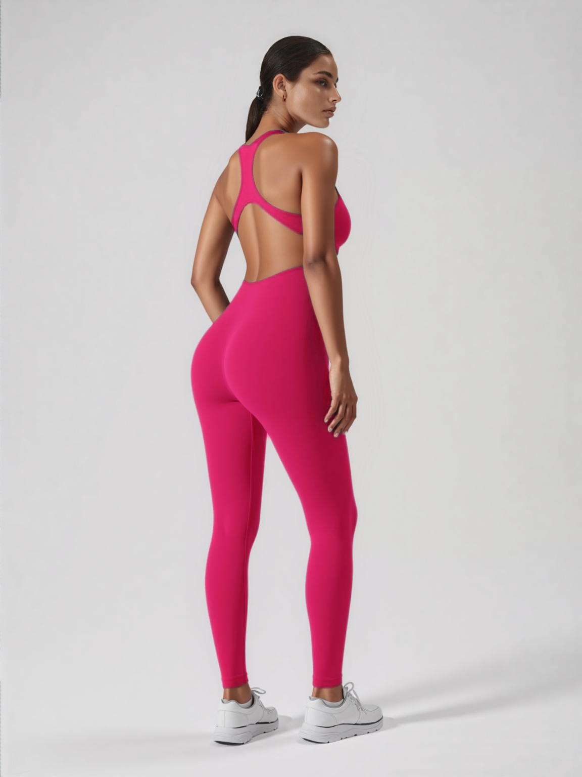 Xooie Fit backless workout jumpsuit bright pink high stretch fabric racerback design full length leggings