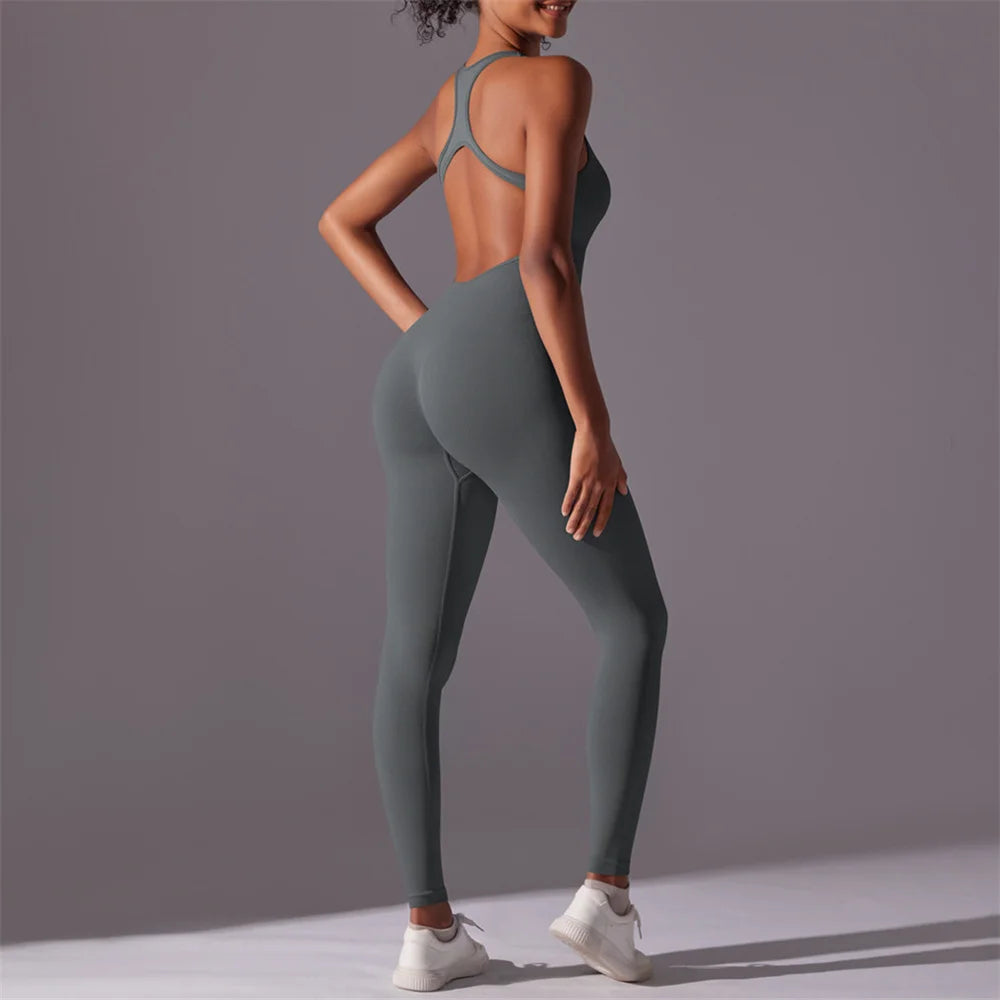Xooie Fit backless workout jumpsuit olive green fitted one piece with open racerback and full length legs