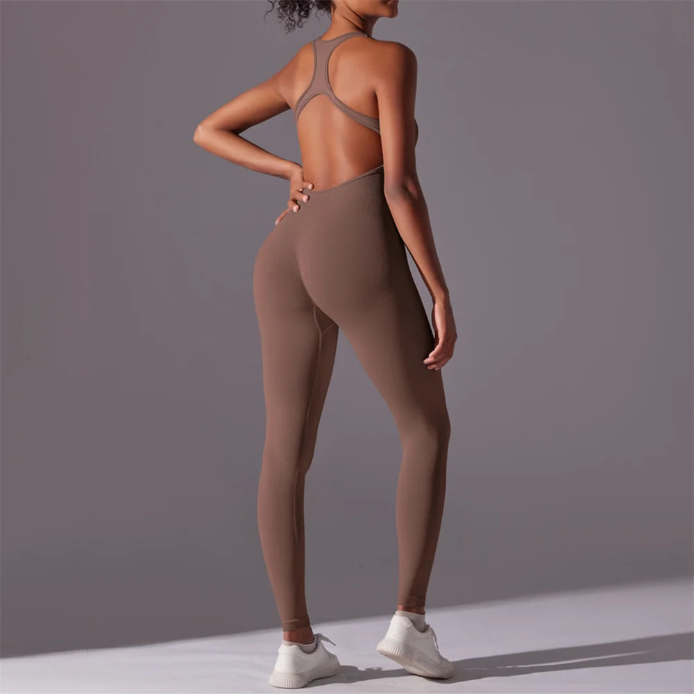 Xooie Fit backless workout jumpsuit in taupe with racerback open back and slim fit leggings