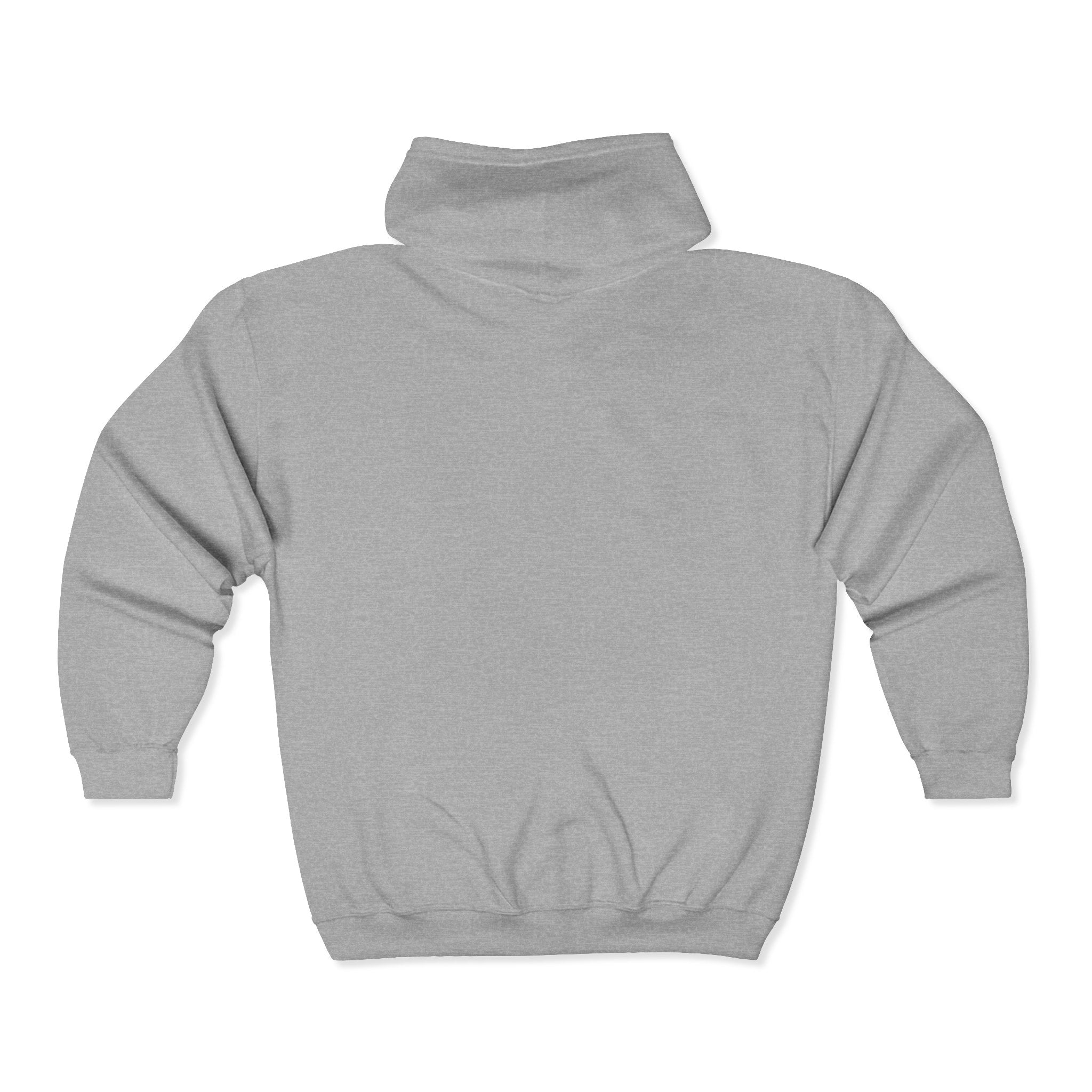 Heather gray zip-up hooded sweatshirt, plain back view with kangaroo pocket