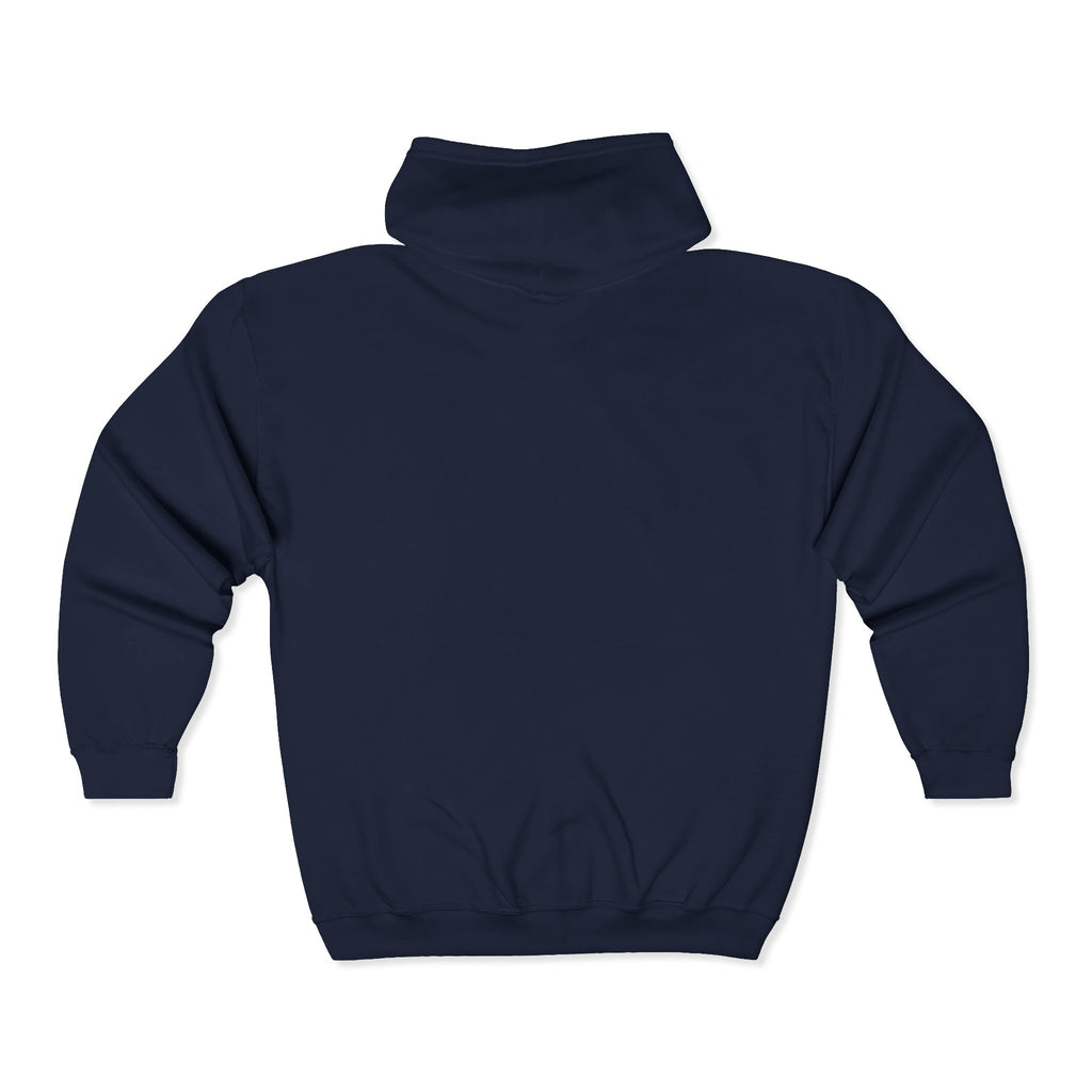 Navy zip-up hooded sweatshirt, plain back view with hood and kangaroo pocket