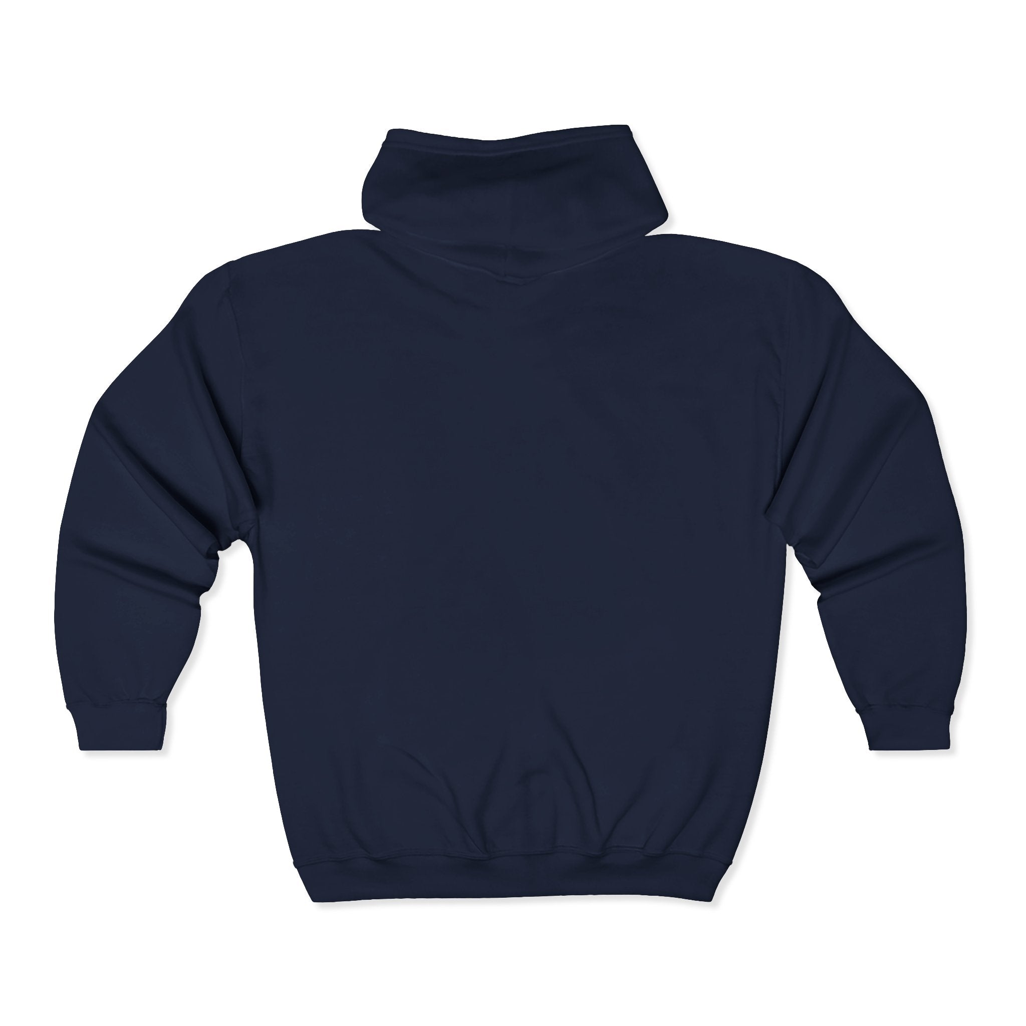 Navy zip-up hooded sweatshirt, plain back view with hood and kangaroo pocket