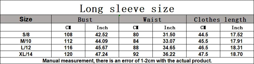 Long sleeve jacket size chart with bust, waist, and clothing length measurements