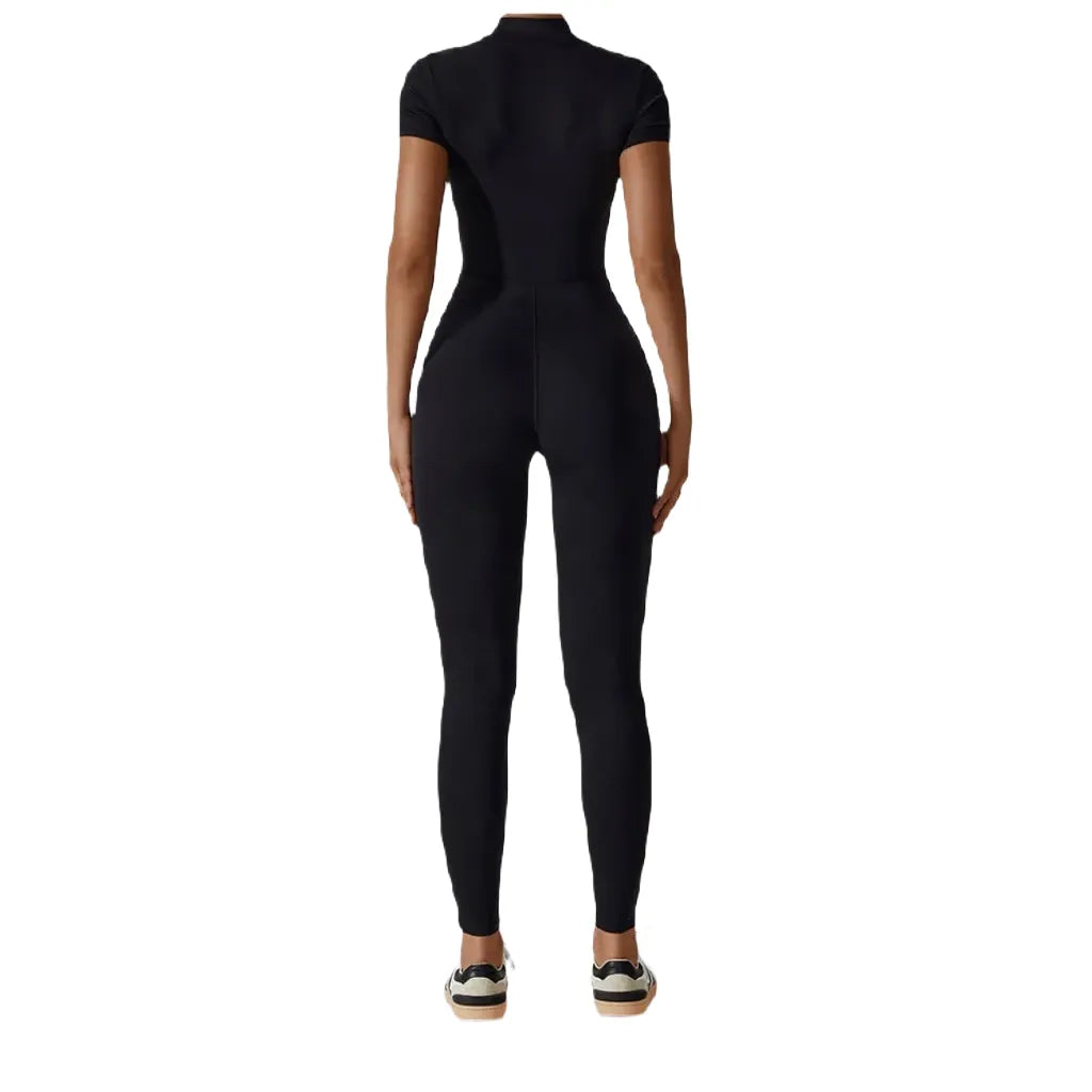 Stylish Xooie Fit zipper workout jumpsuit in black, designed for comfort and flexibility during workouts