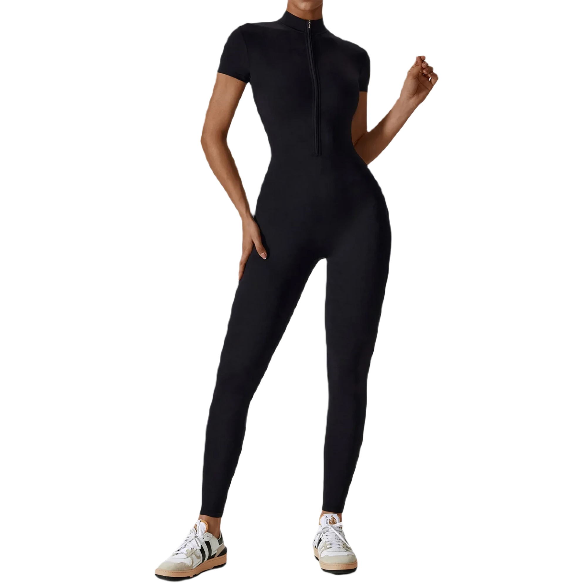 Xooie Fit zipper workout jumpsuit in black with short sleeves and a fitted design