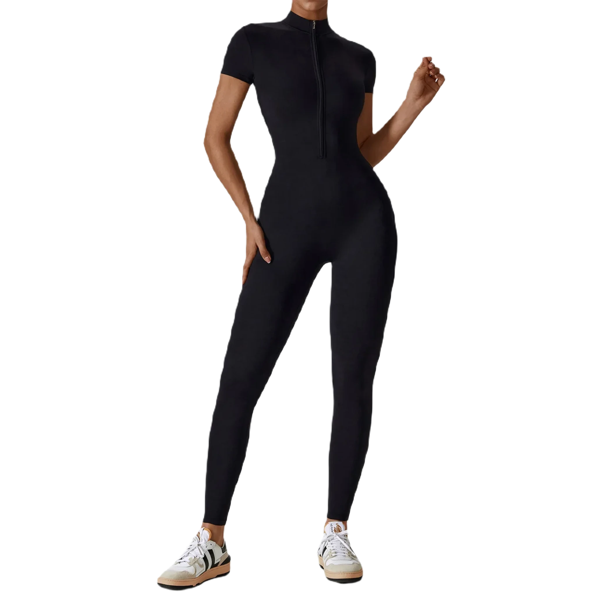 Xooie Fit zipper workout jumpsuit in black with short sleeves and a fitted design