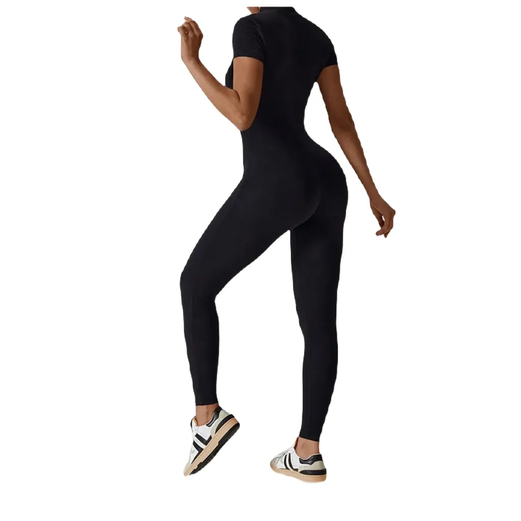Xooie Fit zipper workout jumpsuit in black designed for comfortable and stylish workouts