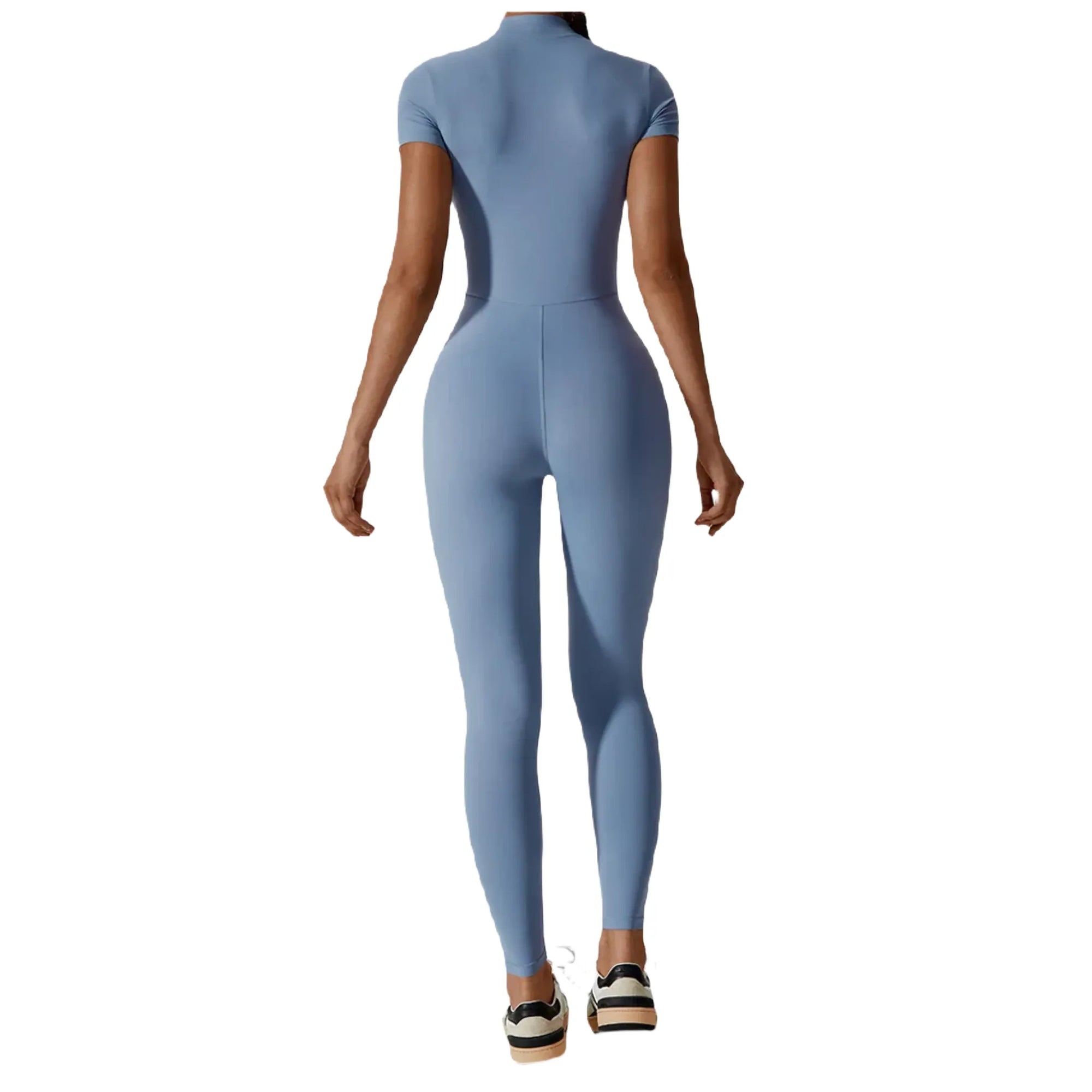 Xooie Fit Zipper Workout Jumpsuit in Blue with Short Sleeves and Stylish Design