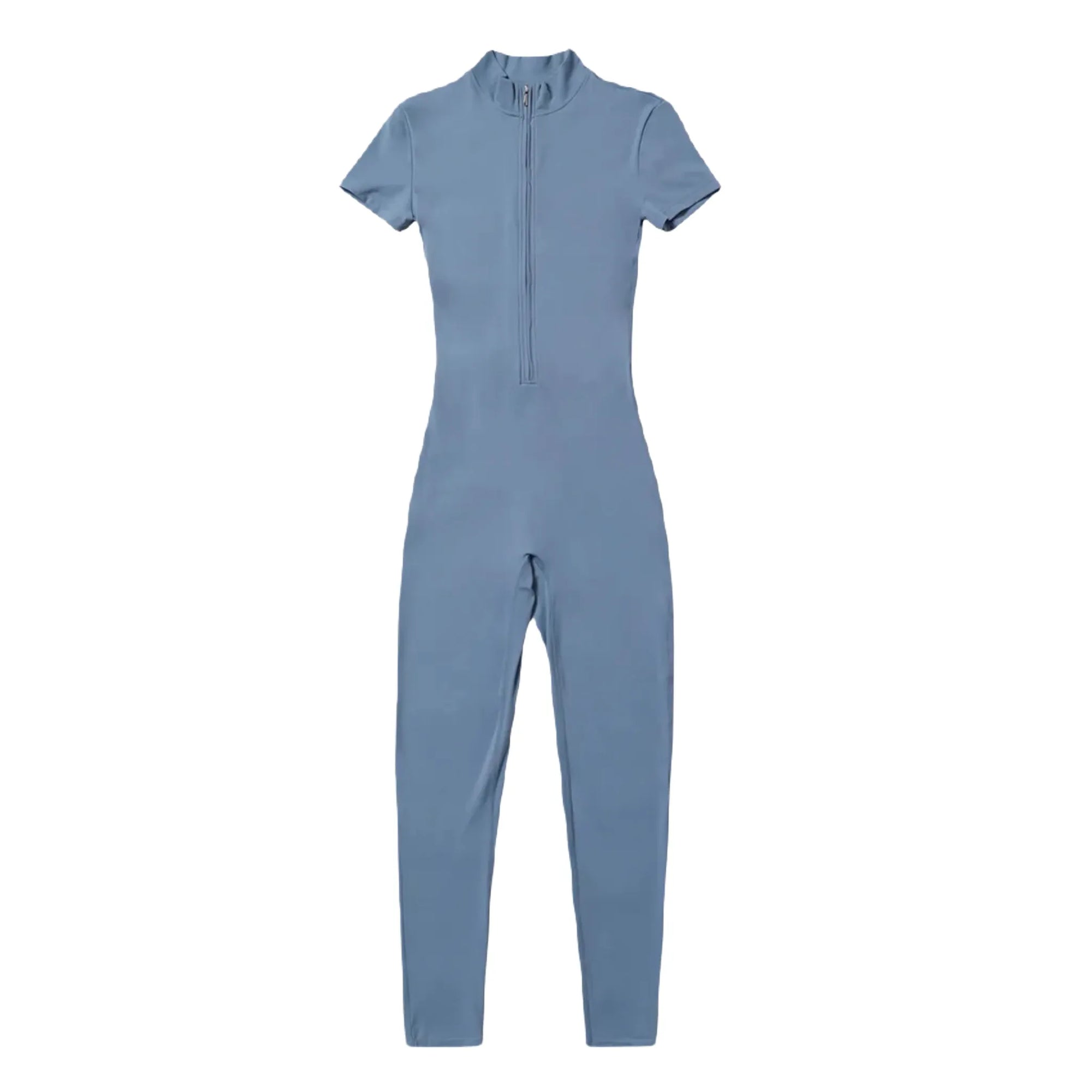 Xooie Fit Zipper Workout Jumpsuit in Light Blue with Short Sleeves and Slim Fit Design