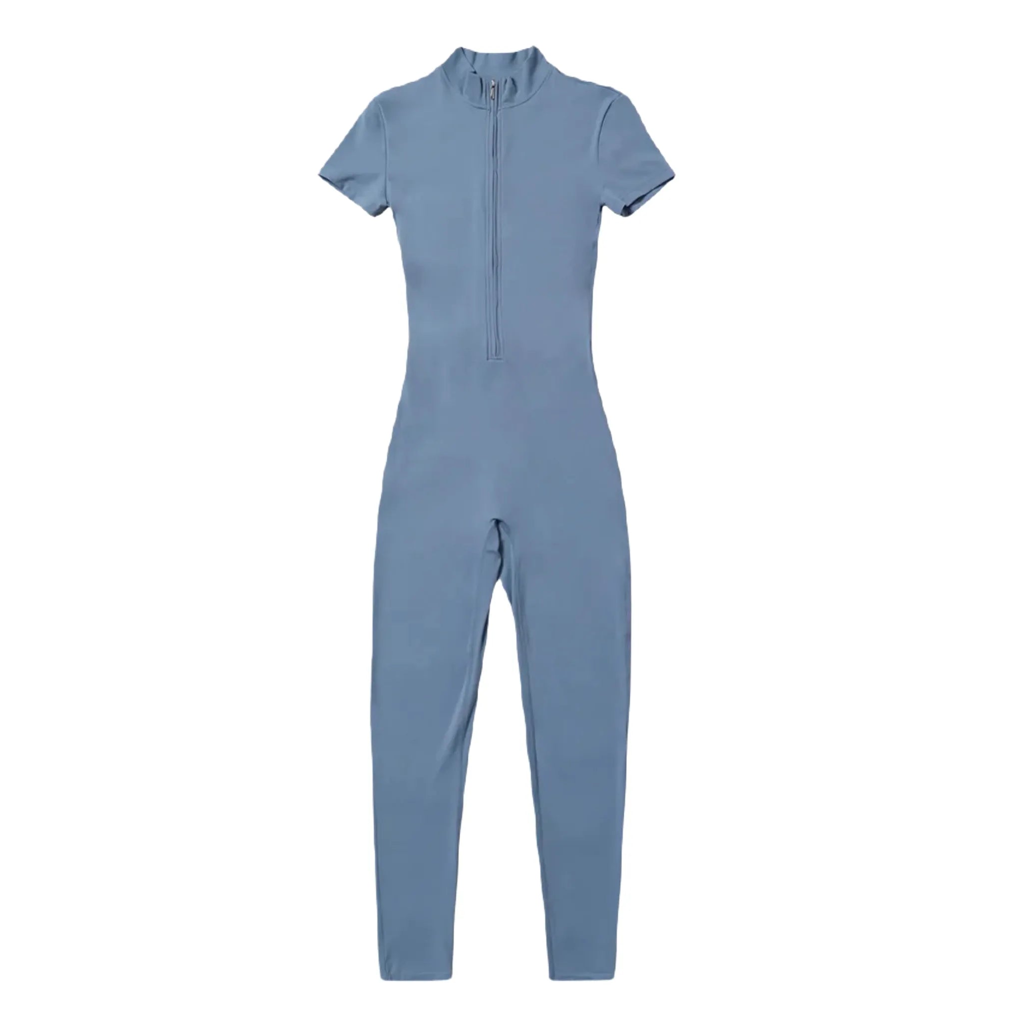 Xooie Fit Zipper Workout Jumpsuit in Light Blue with Short Sleeves and Slim Fit Design