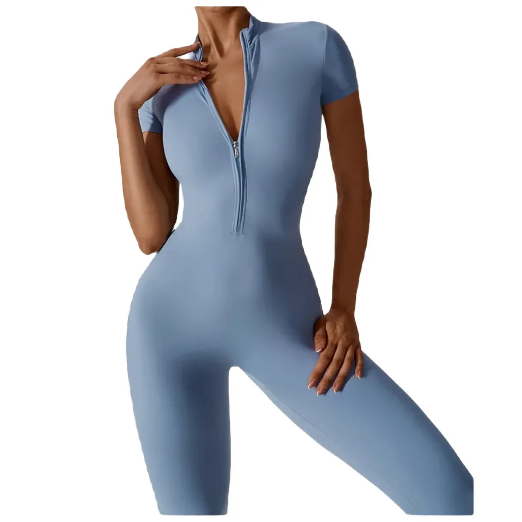 Sky Blue Zipper Workout Jumpsuit by Xooie Fit with Short Sleeves and Fitted Design