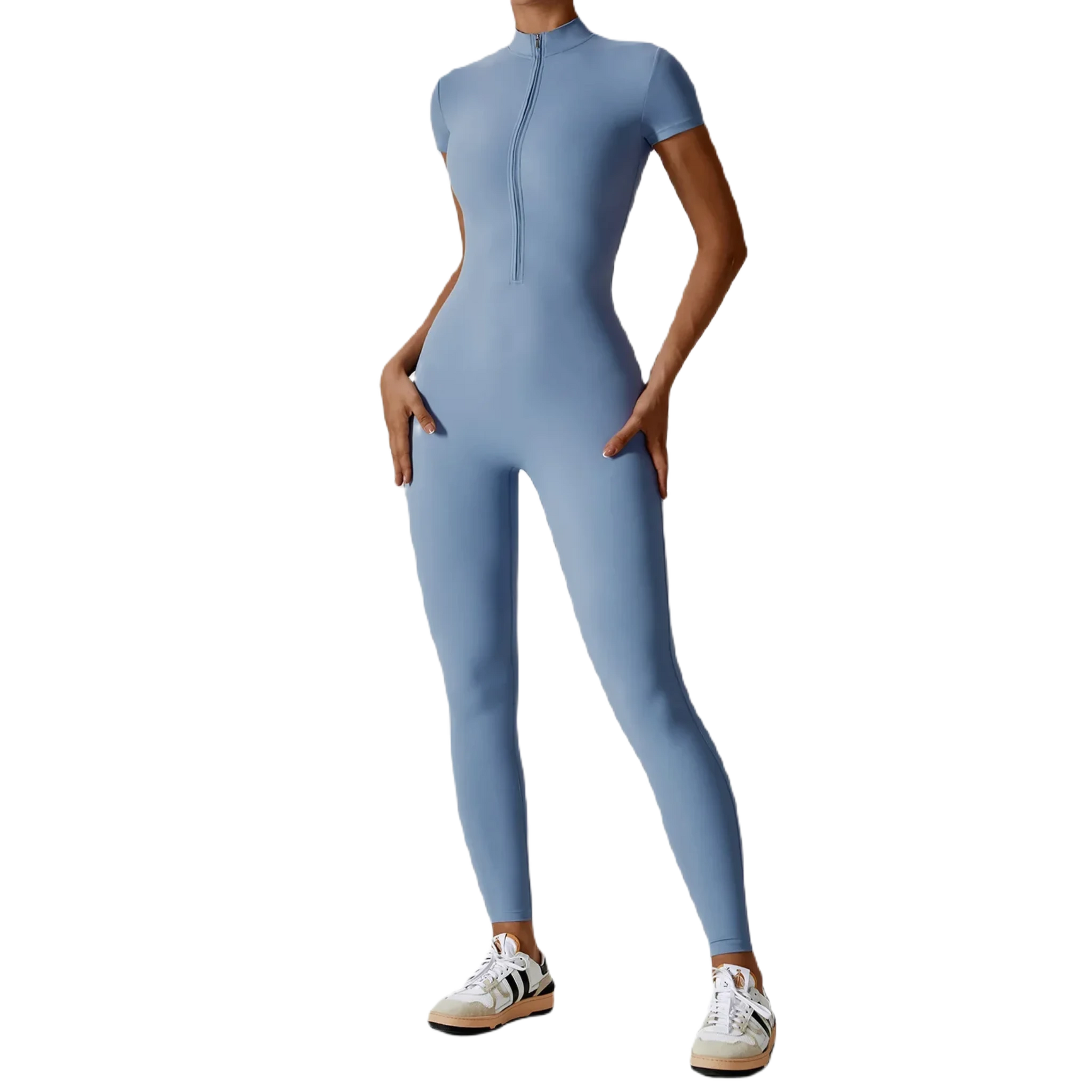 Xooie Fit zipper workout jumpsuit in light blue, designed for comfort and flexibility during workouts