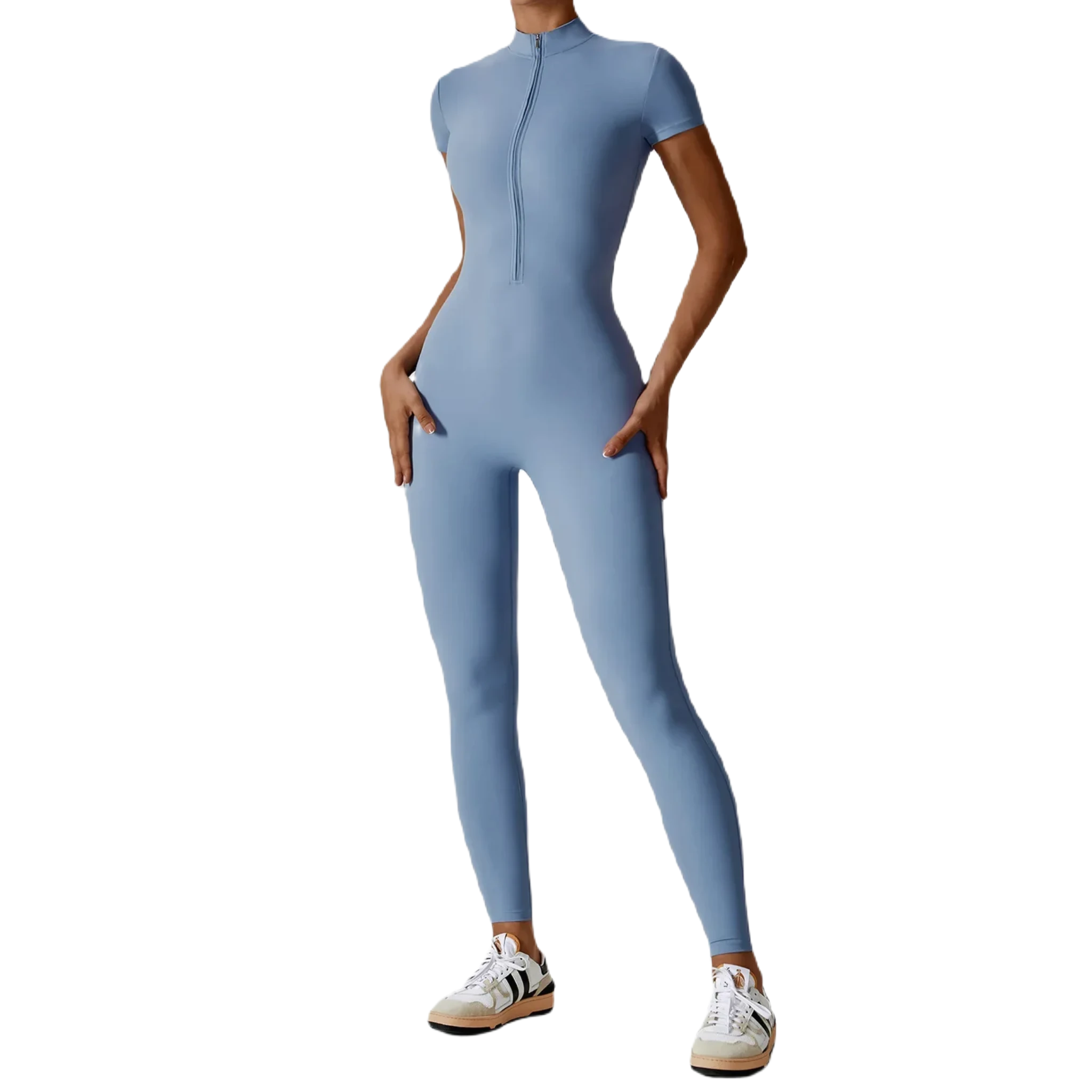 Xooie Fit zipper workout jumpsuit in light blue, designed for comfort and flexibility during workouts