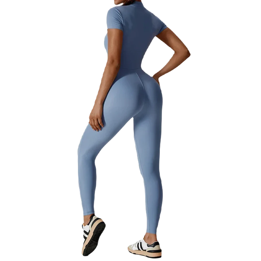 Xooie Fit zipper workout jumpsuit in blue with a form-fitting design for activewear enthusiasts