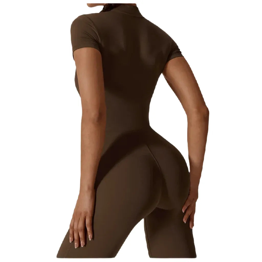 Olive green zipper workout jumpsuit featuring a fitted design and short sleeves for activewear enthusiasts