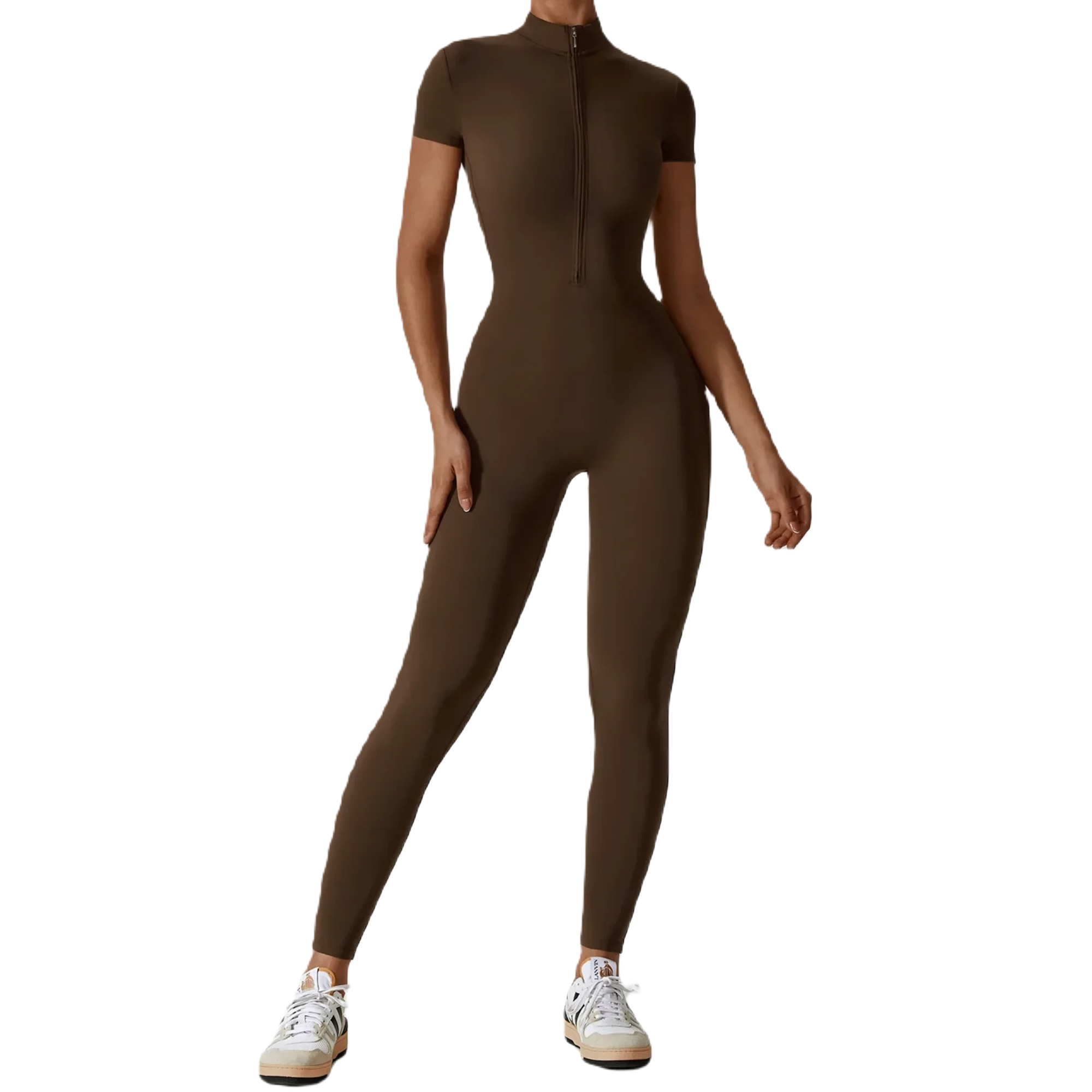 Xooie Fit zipper workout jumpsuit in brown, designed for comfort and performance during workouts