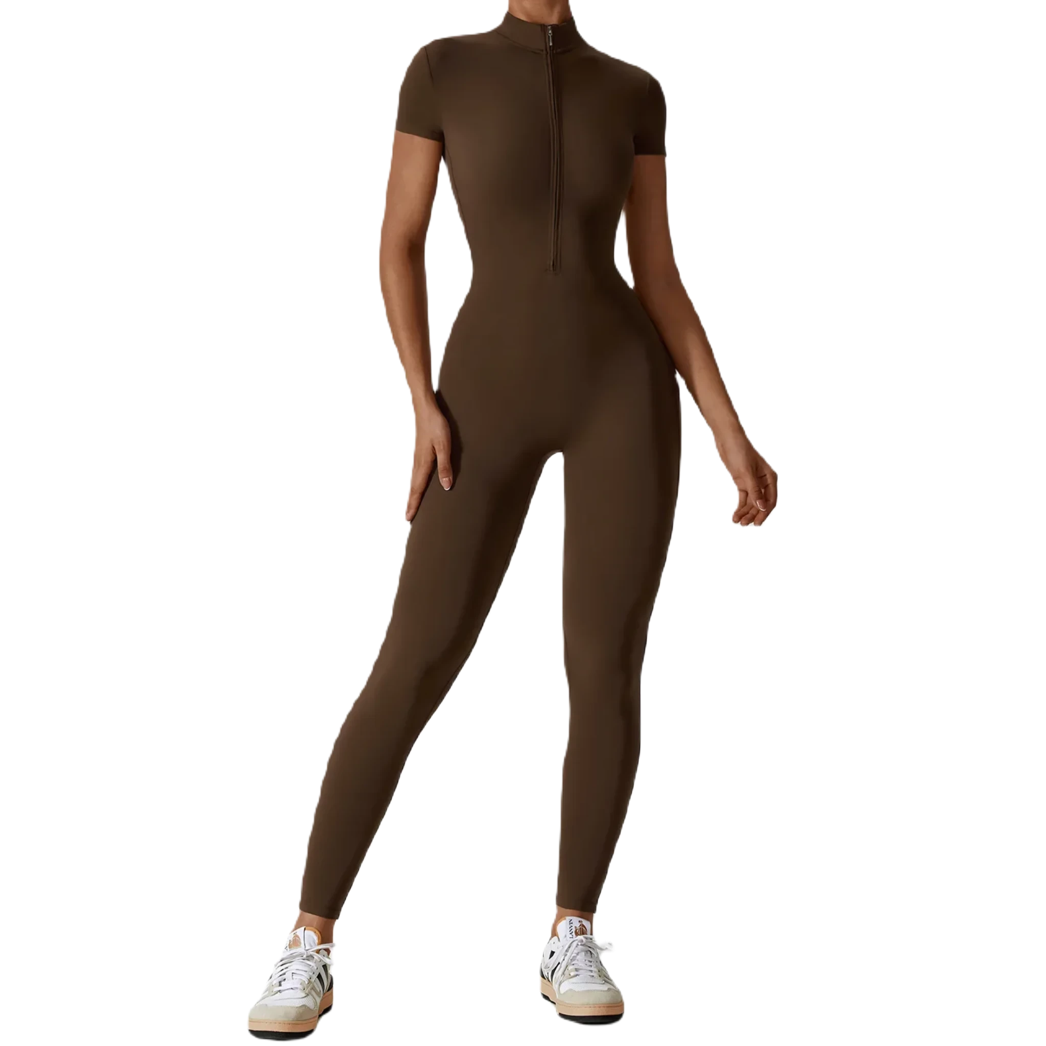 Xooie Fit zipper workout jumpsuit in brown, designed for comfort and performance during workouts
