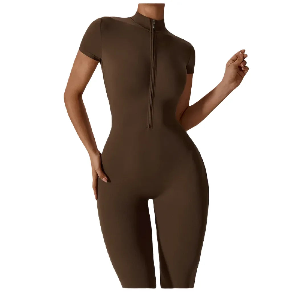 Xooie Fit Zipper Workout Jumpsuit in Olive Green with Short Sleeves and Fitted Design