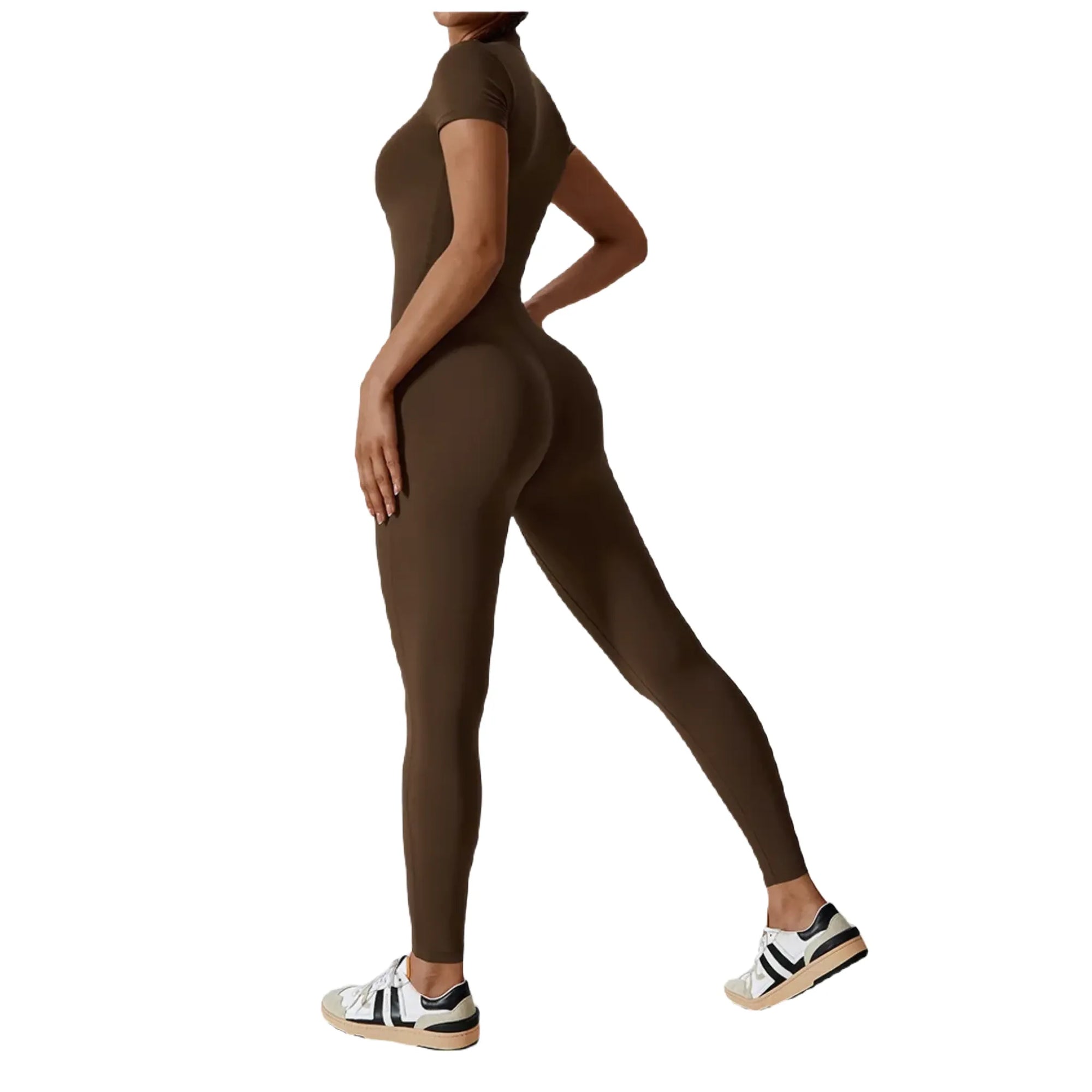 Xooie Fit zipper workout jumpsuit in brown with a sleek, form-fitting design for activewear enthusiasts
