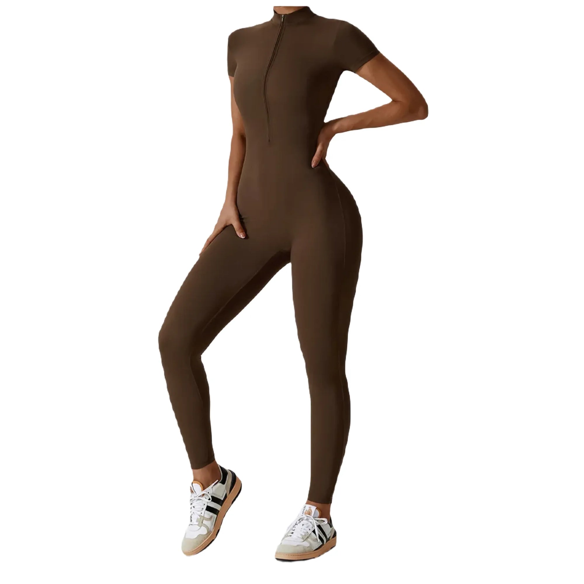Xooie Fit zipper workout jumpsuit in brown featuring a sleek design and short sleeves for active wear
