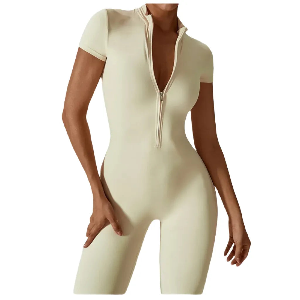 Xooie Fit Zipper Workout Jumpsuit in Cream with Short Sleeves and Stylish Zip Closure