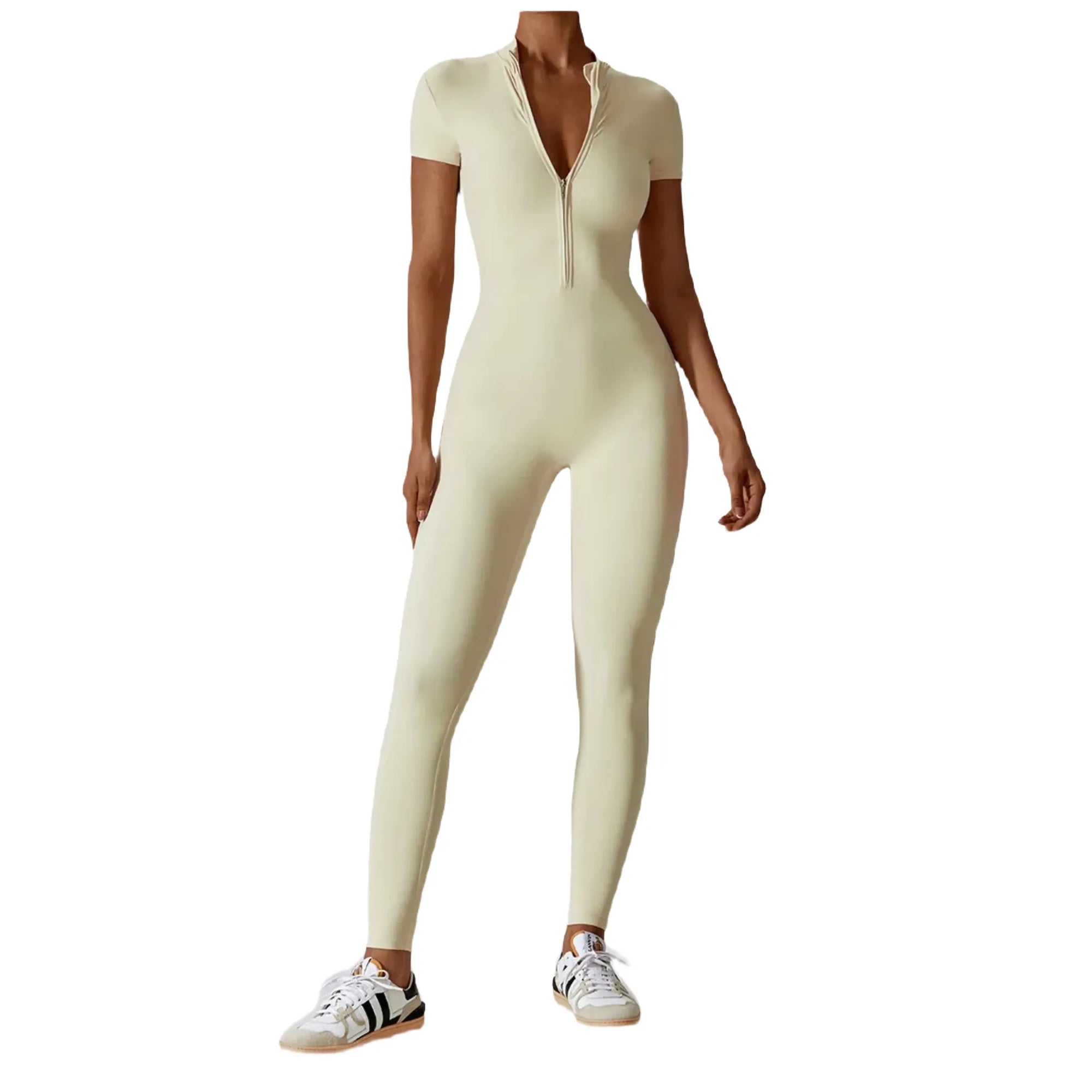 Xooie Fit Zipper Workout Jumpsuit in Beige Design for Comfortable and Stylish Fitness Wear