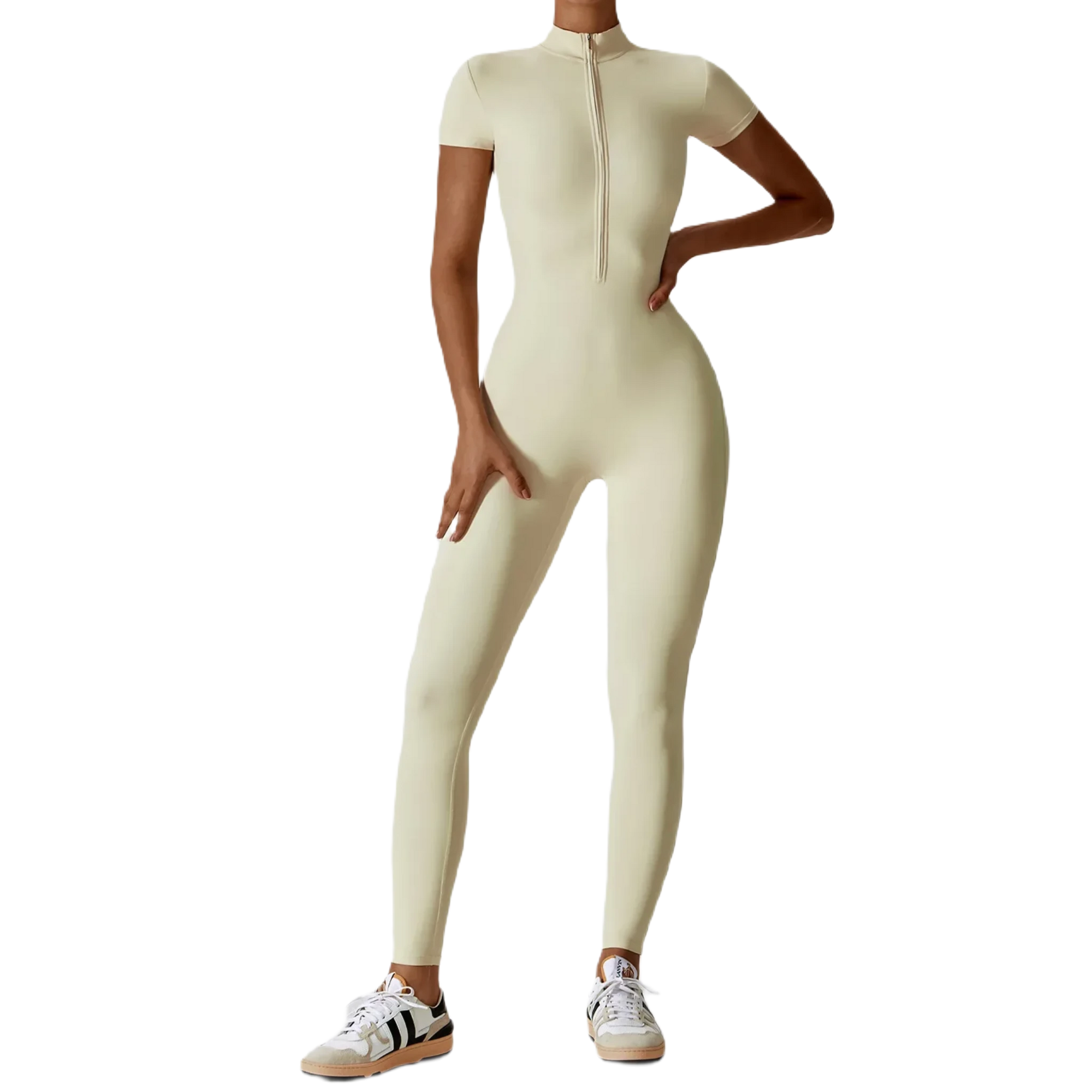 Xooie Fit zipper workout jumpsuit in cream color with short sleeves and a front zipper