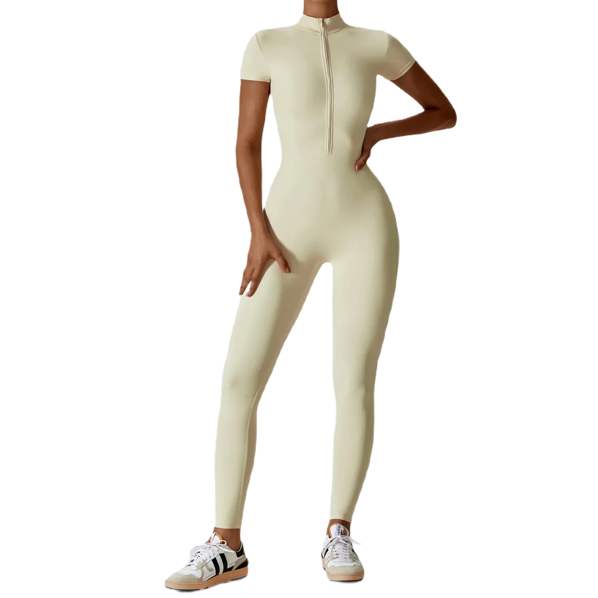 Xooie Fit zipper workout jumpsuit in cream color with short sleeves and a front zipper